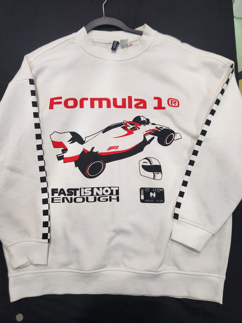 F1 White Crewneck Sweatshirt with Red & Black Racing Graphic